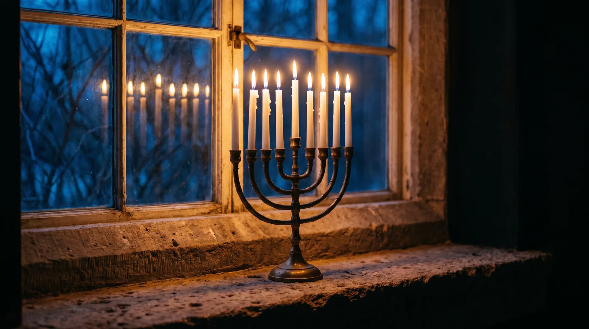 A nine-branch brass hanukkiah burning on a worn stone windowsill, its flames warming the stone while winter dusk stays blue behind the glass