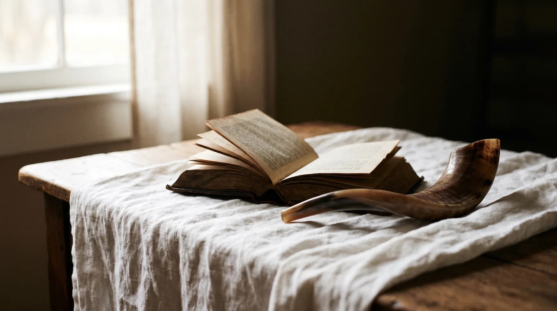 An open Bible on white linen with a curved ram's horn shofar laid beside it in quiet morning light