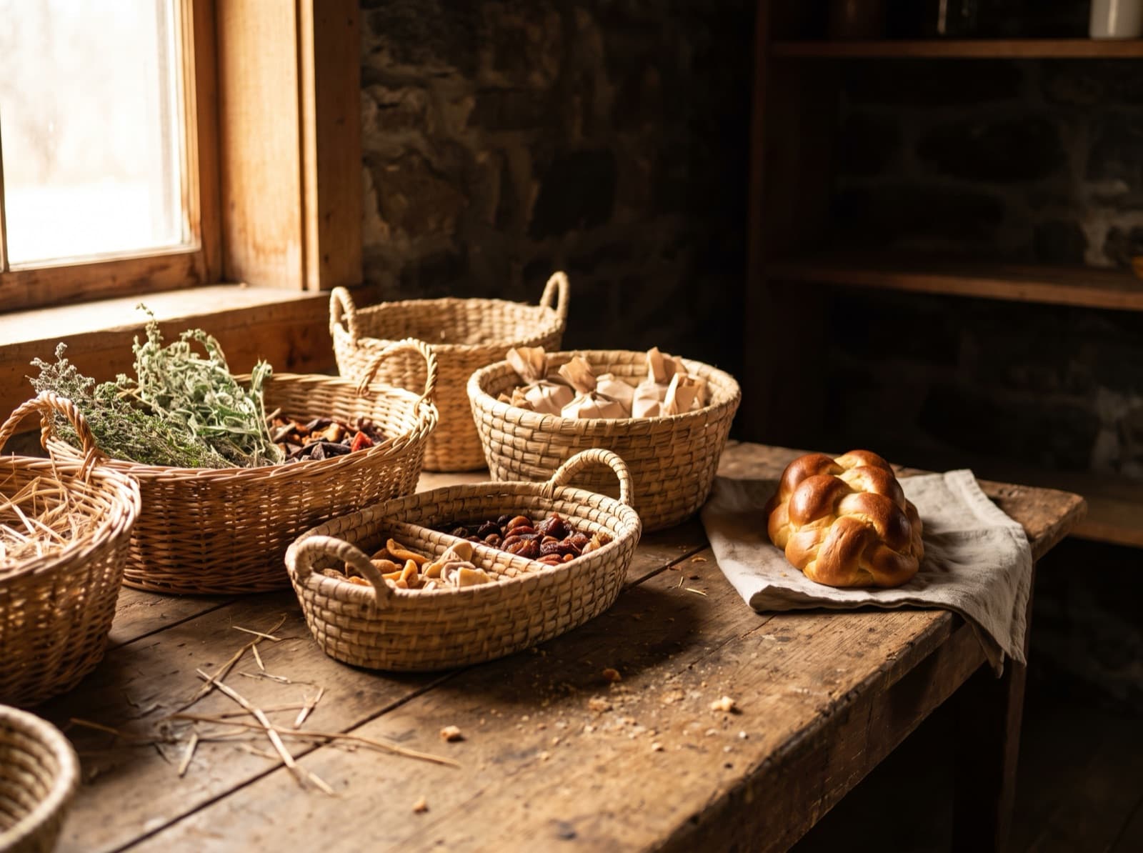 Baskets of provisions and fresh challah on a wooden table in warm light