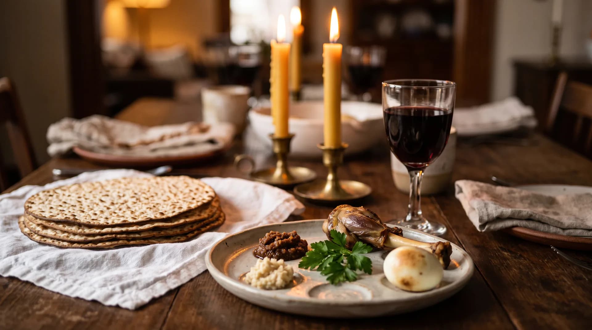 A home dining table set for a seder: stacked matzah on a linen cloth, a plate holding a shank bone, egg, parsley, charoset and horseradish, a glass of red wine and two lit candles