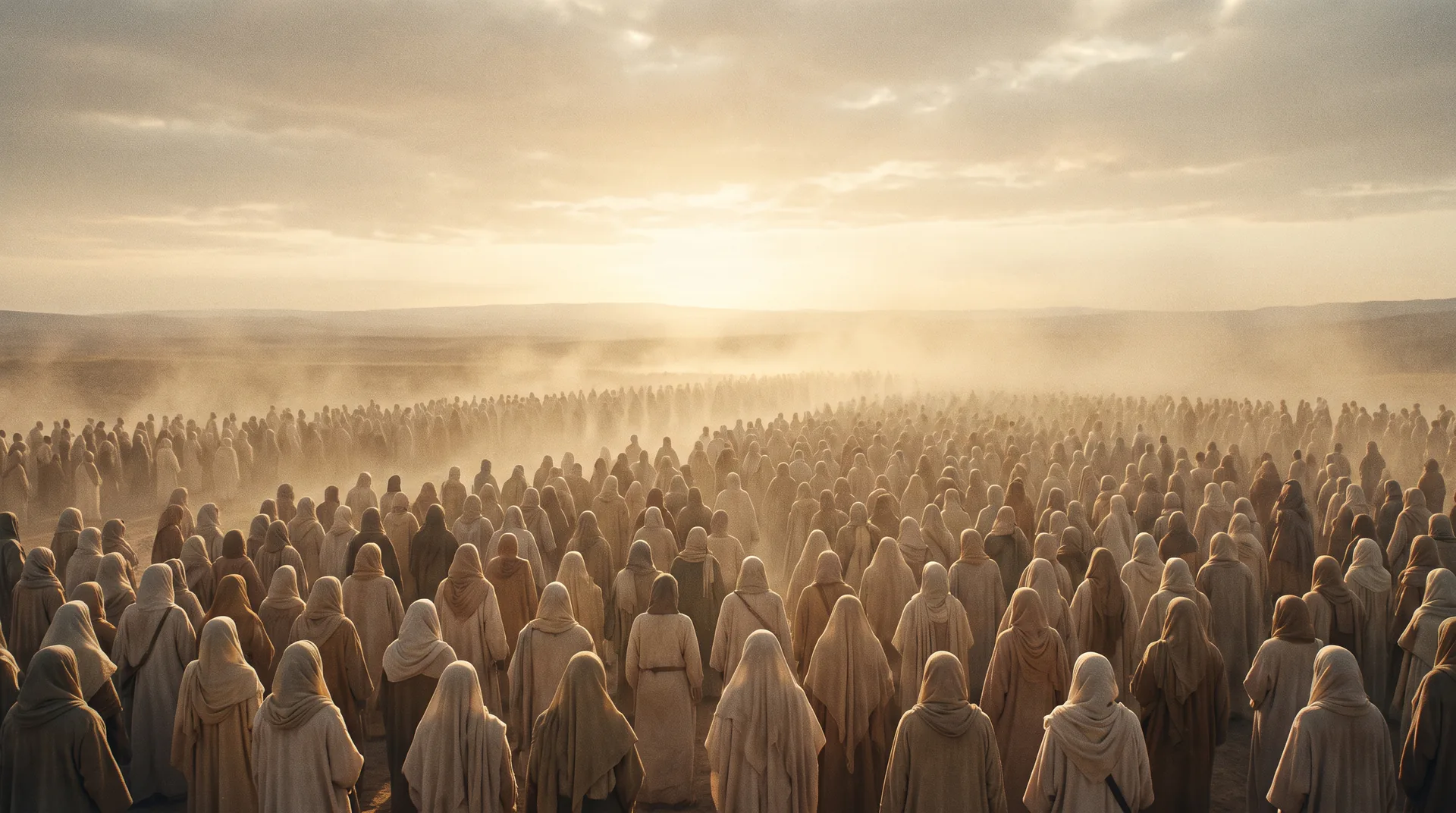 A vast crowd seen from behind, standing shoulder to shoulder and facing a low band of light on the horizon.