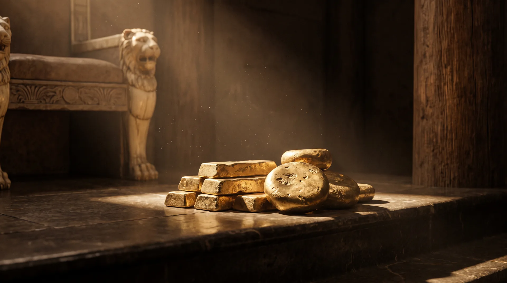 Rough-cast gold talents stacked in the shadow of a carved throne-room step, the metal catching a single warm light.