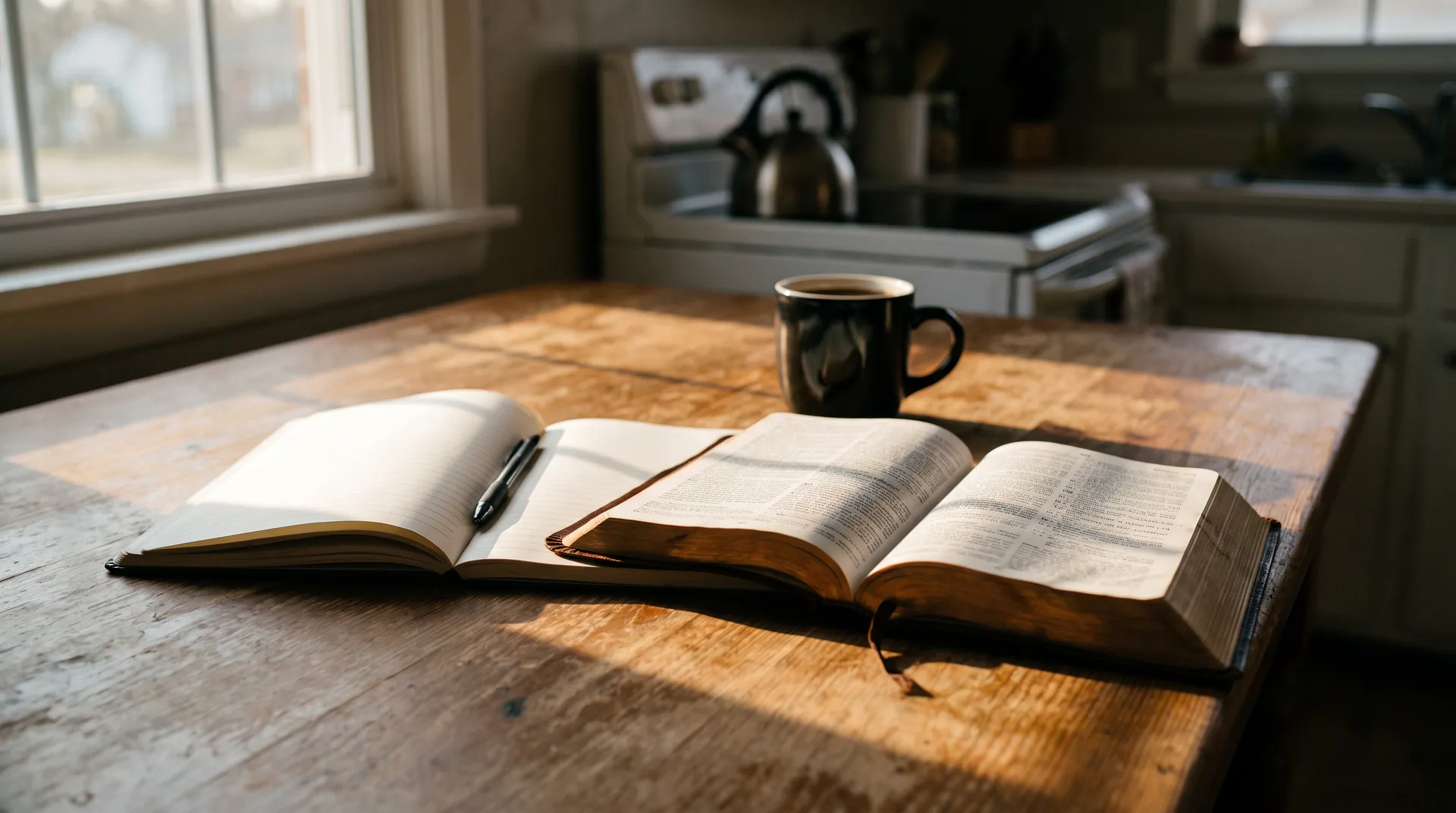 A kitchen table set for preparation: an open Bible, a blank notebook and a pen beside a mug in morning light.