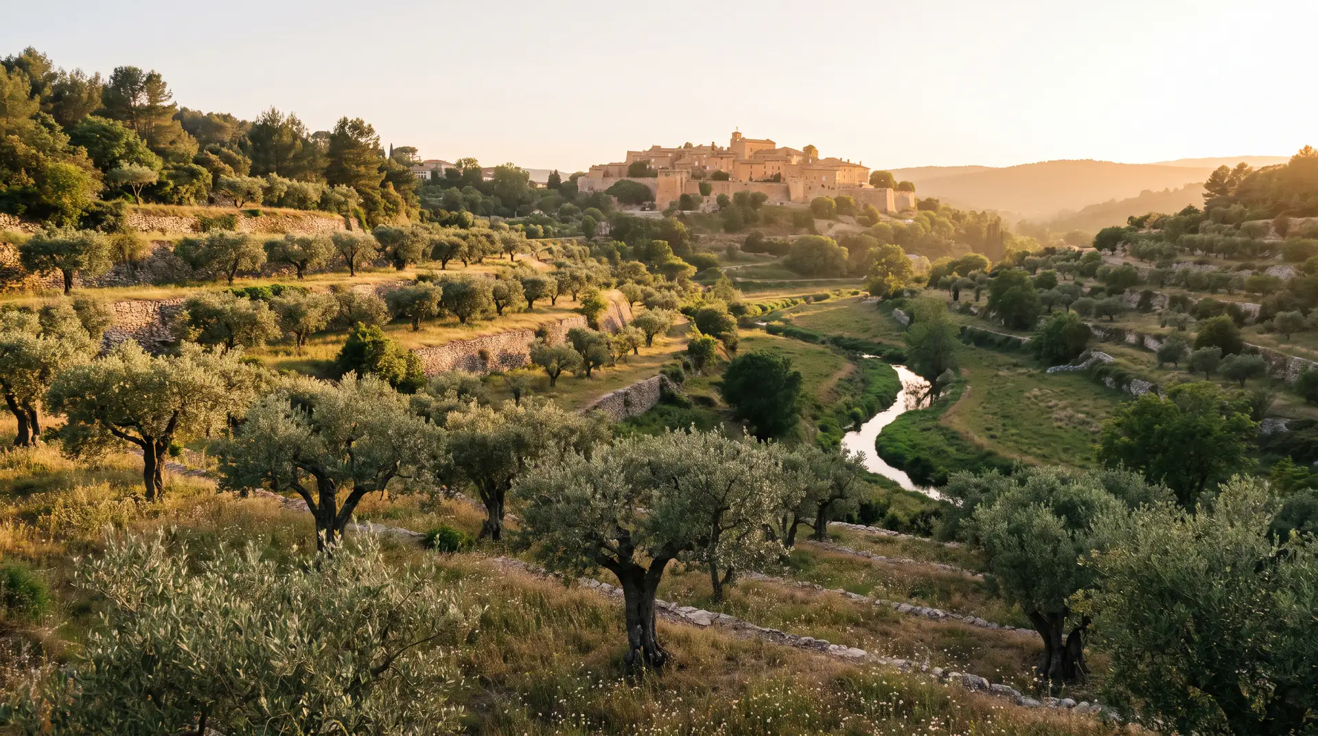 Terraced olive groves climbing a restored hillside toward a walled city at golden hour.