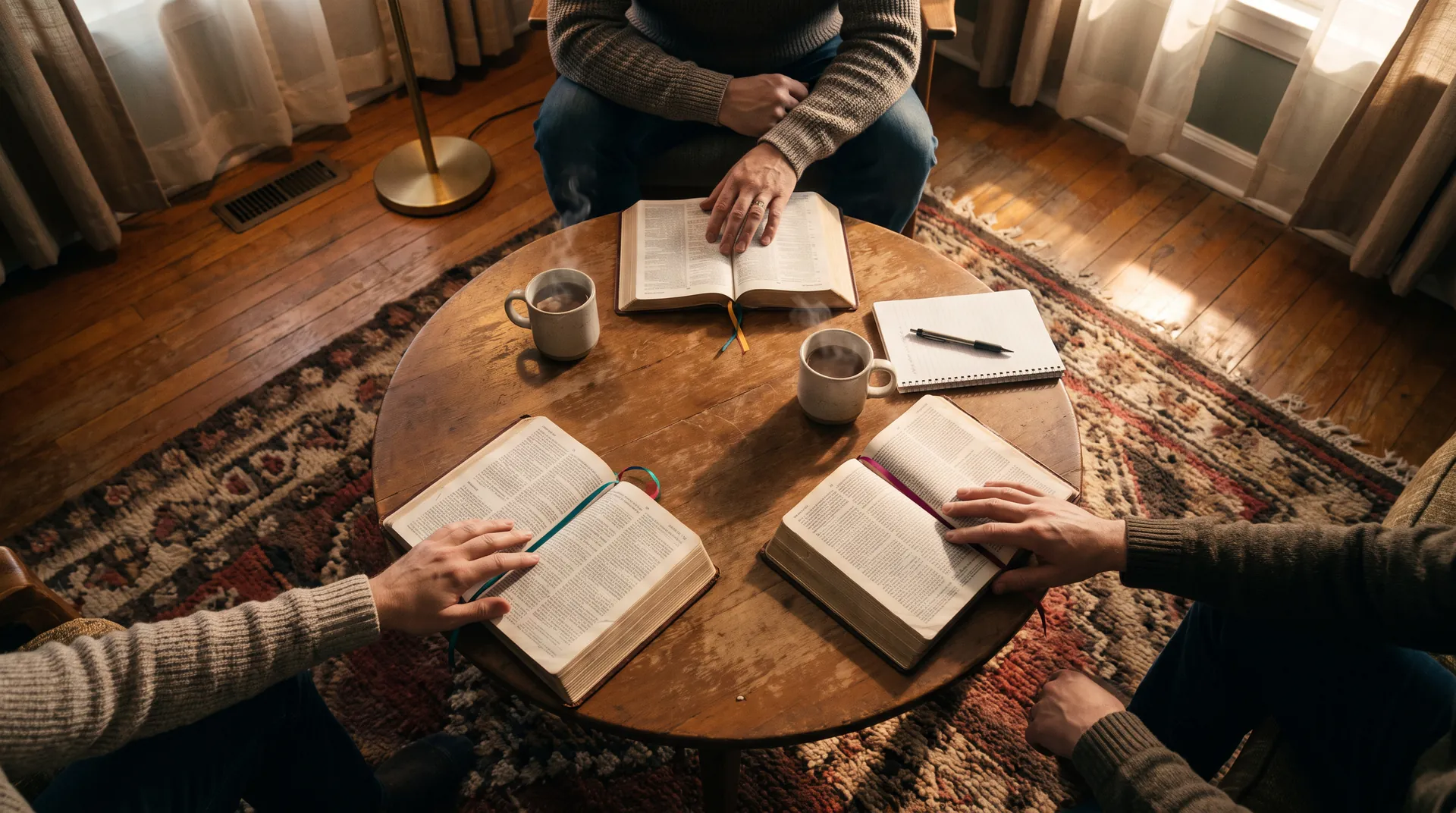 A circle of hands around a low table, open Bibles and coffee mugs between them.