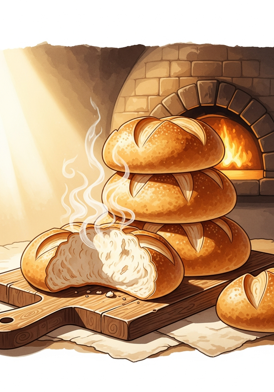 Fresh bread loaves by a stone oven