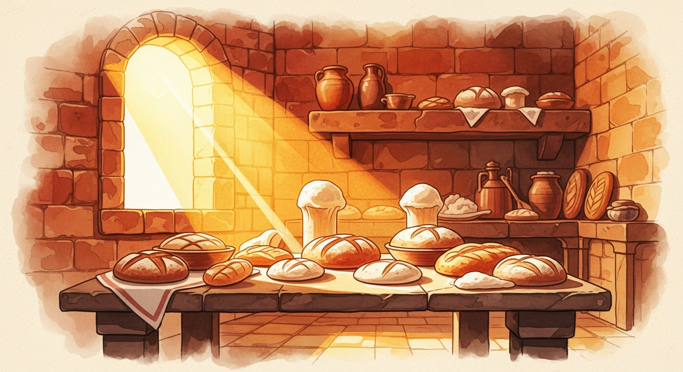Table of leavened bread in ancient kitchen