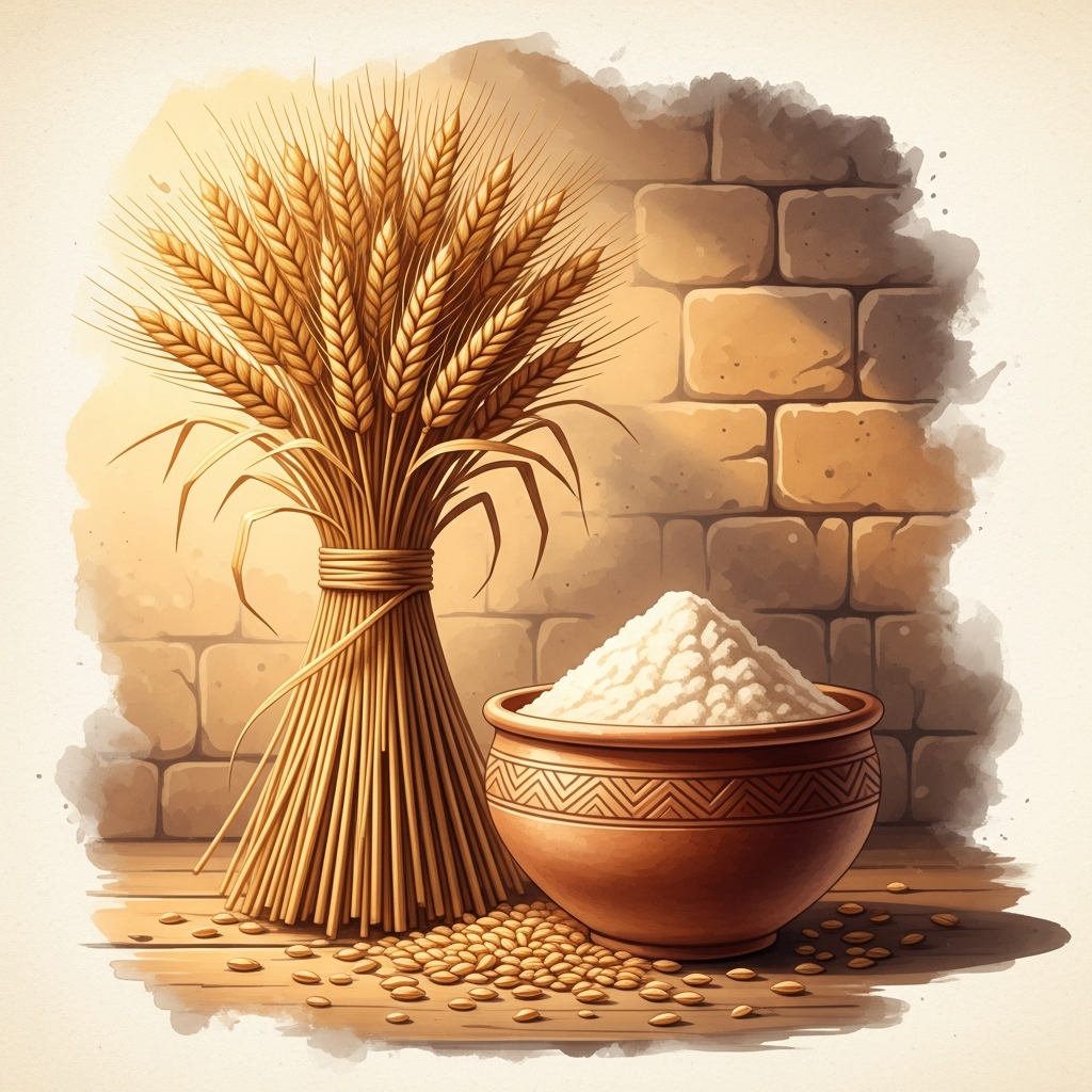 Wheat sheaves and flour in a clay bowl