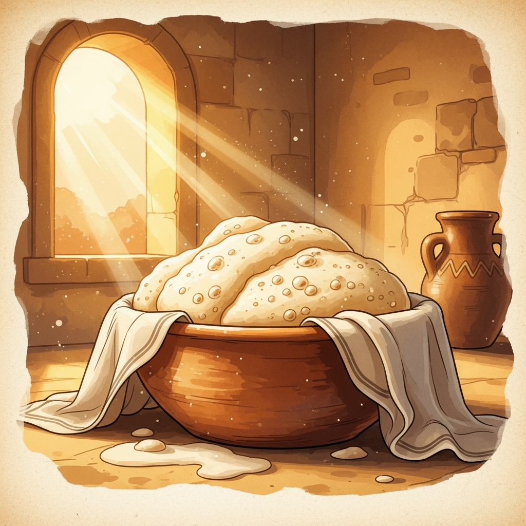 Risen dough overflowing from a clay bowl