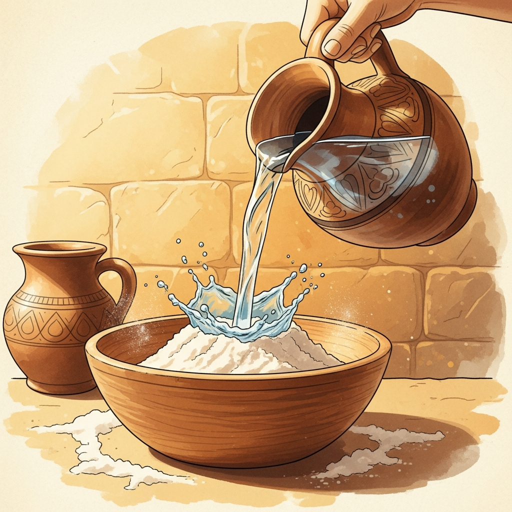 Water being poured into a bowl of flour