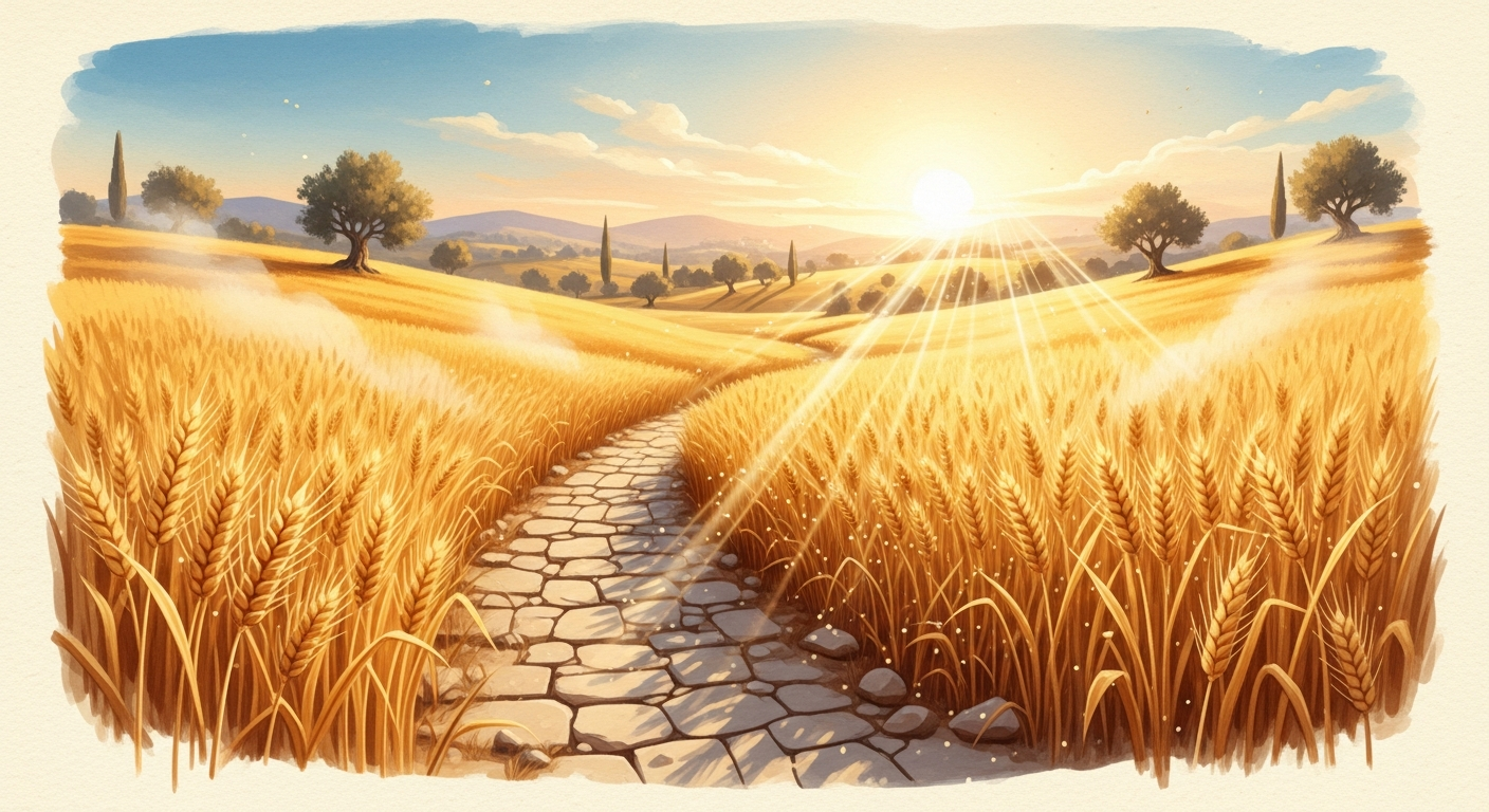 Golden wheat field at sunset with ancient stone path