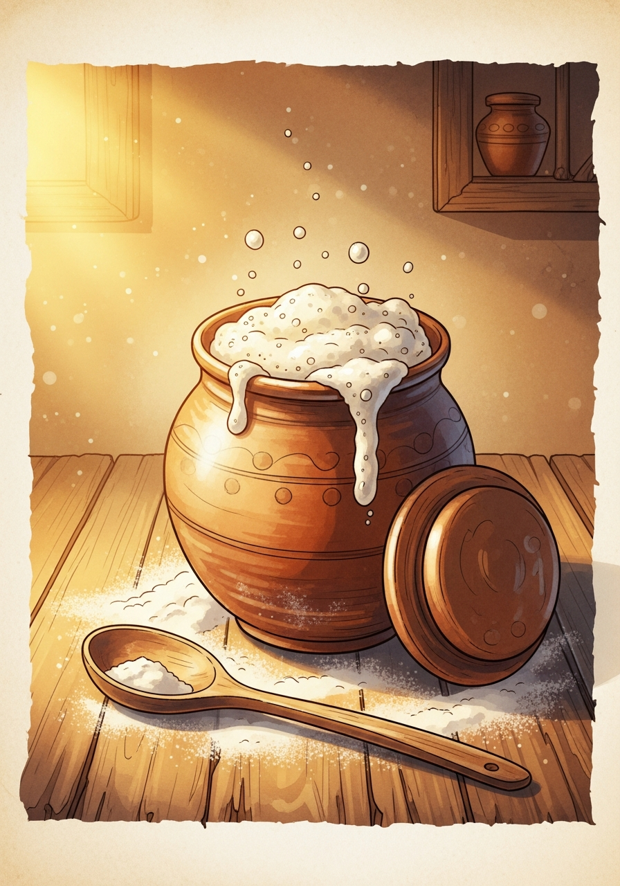 Bubbling sourdough starter in an earthen jar