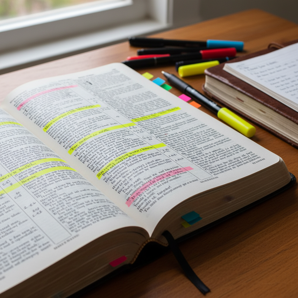 Bible page with highlighted passages and handwritten study notes