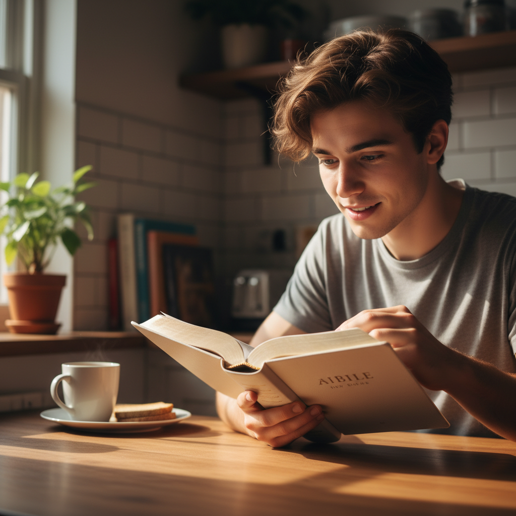 Young adult opening a new Bible for the first time at a kitchen table