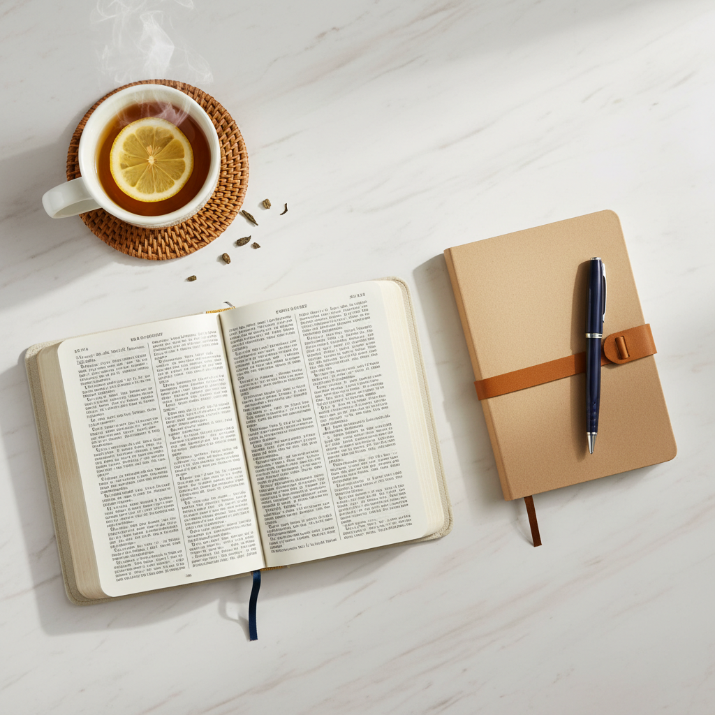 Bible with journal and cup of tea - simple beginner Bible study setup