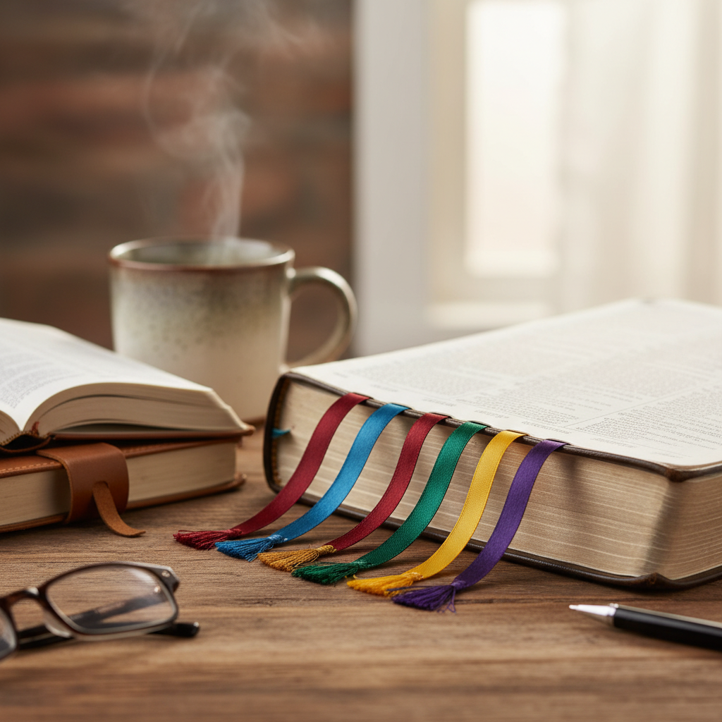 Bible with colorful bookmarks marking different books and sections