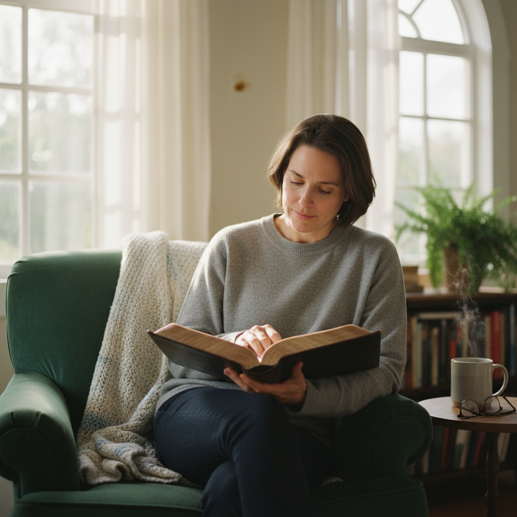 Person reading the Gospel of John in a comfortable armchair by a window