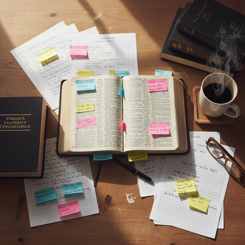 Study desk with Bible open to Genesis surrounded by study notes and tools