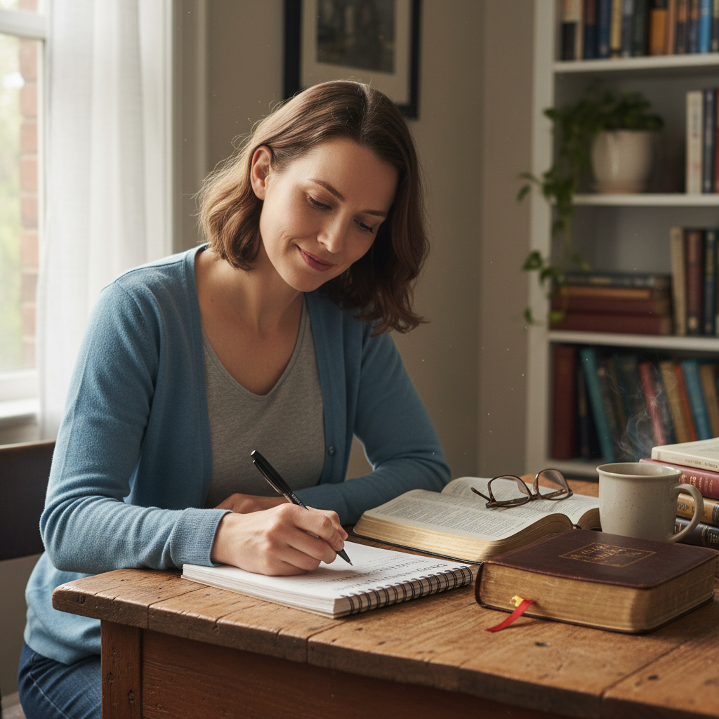 Woman writing in Bible study journal during morning devotional time