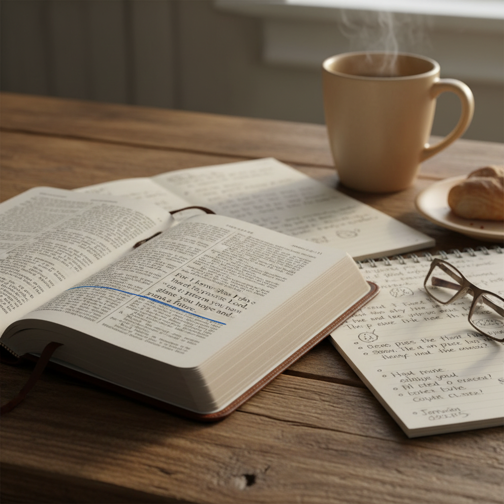 Open Bible with underlined verse and reflective journal notes nearby