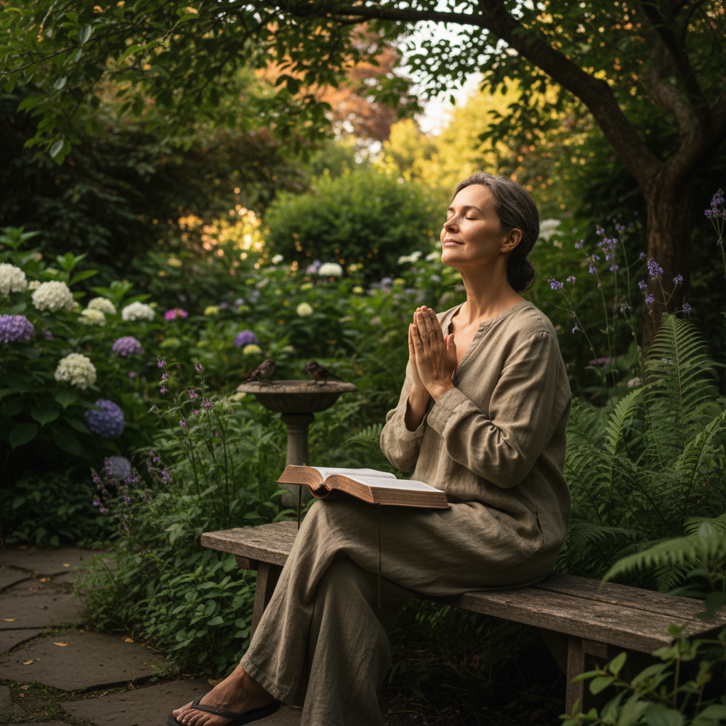 Person praying peacefully in a garden with Bible - finding peace through Scripture