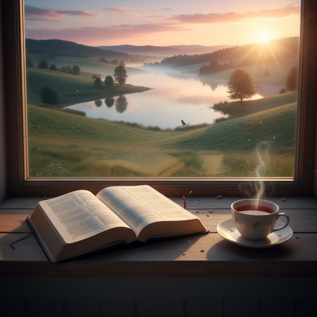 Peaceful morning scene with Bible on windowsill overlooking calm sunrise landscape