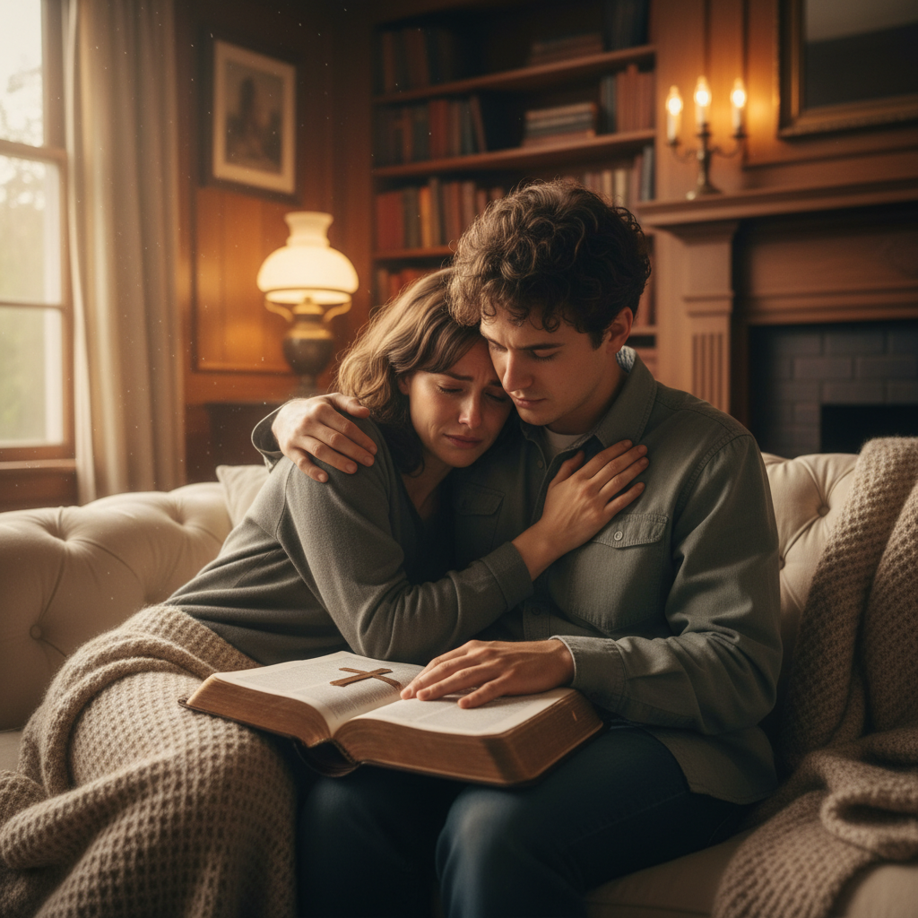 Two people studying Bible together providing comfort and encouragement