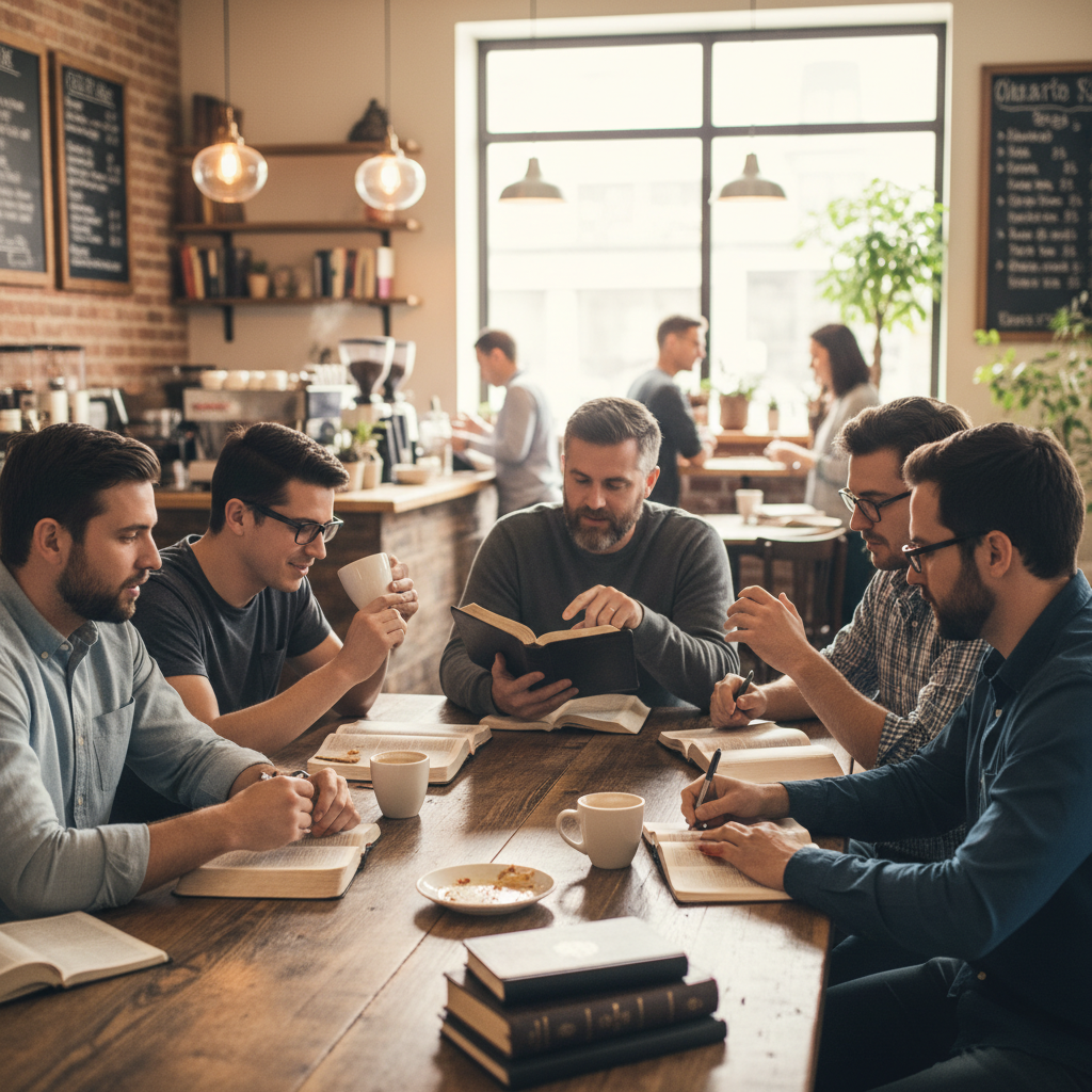 Men's Bible study group at a coffee shop with Bibles open for discussion
