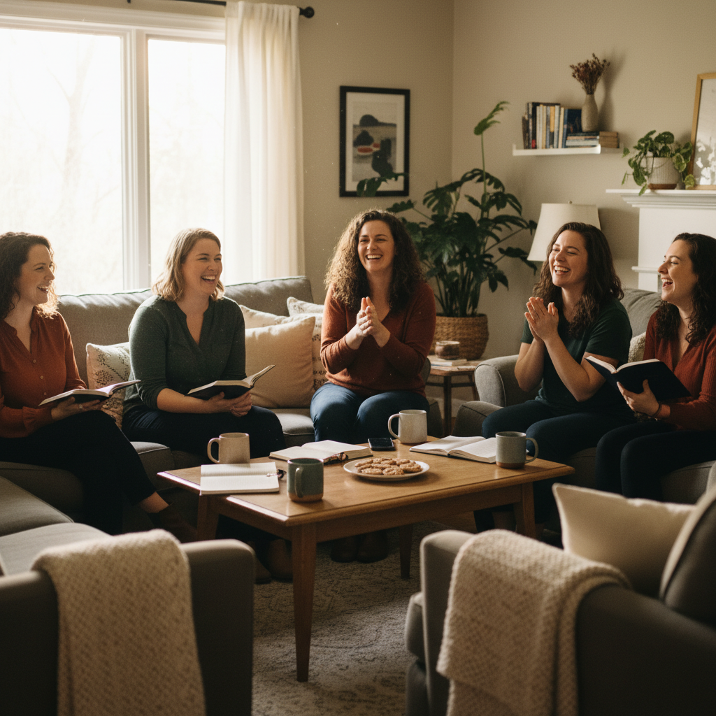 Women's Bible study group laughing and sharing in warm fellowship setting