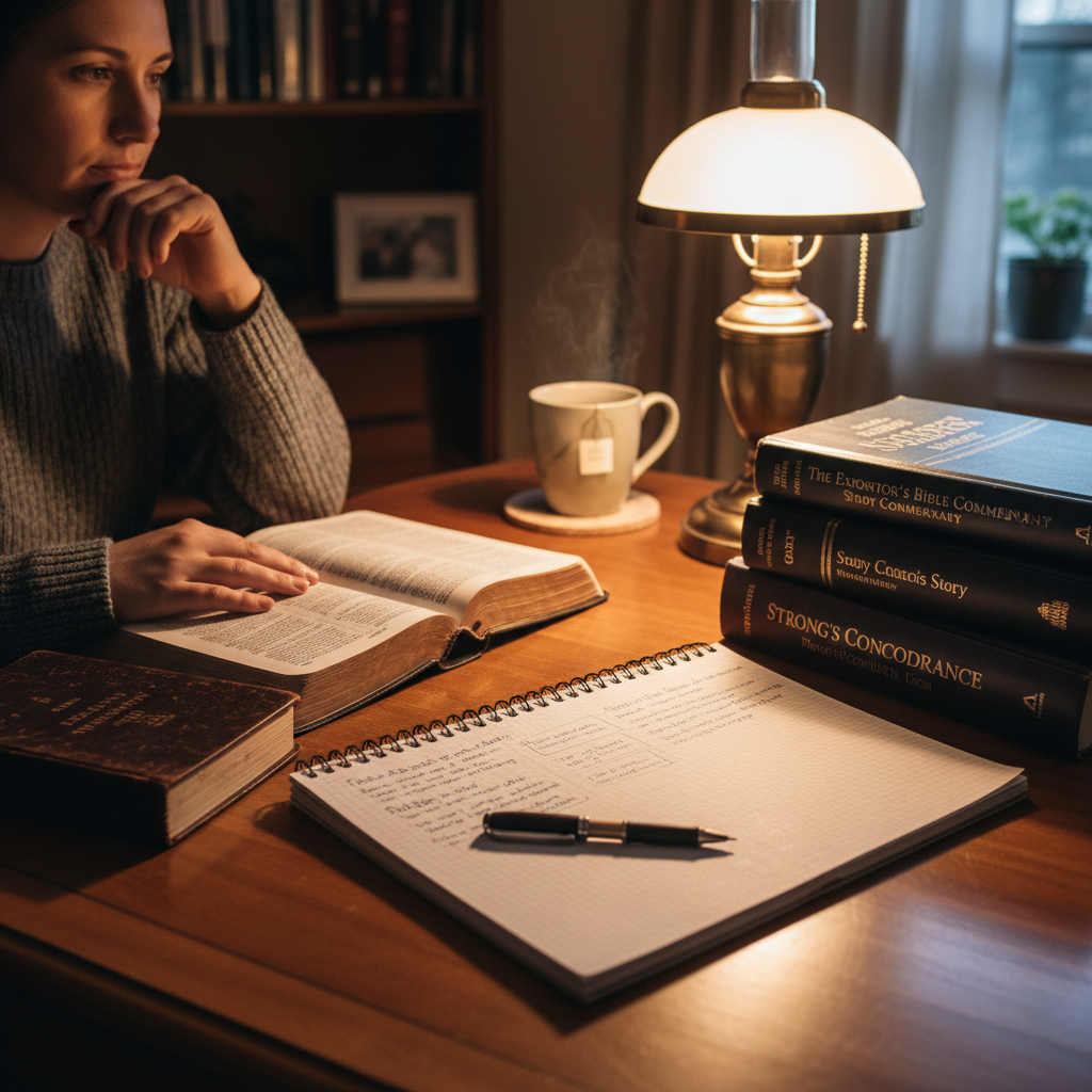 Bible study leader preparing with open Bible and notebook at desk