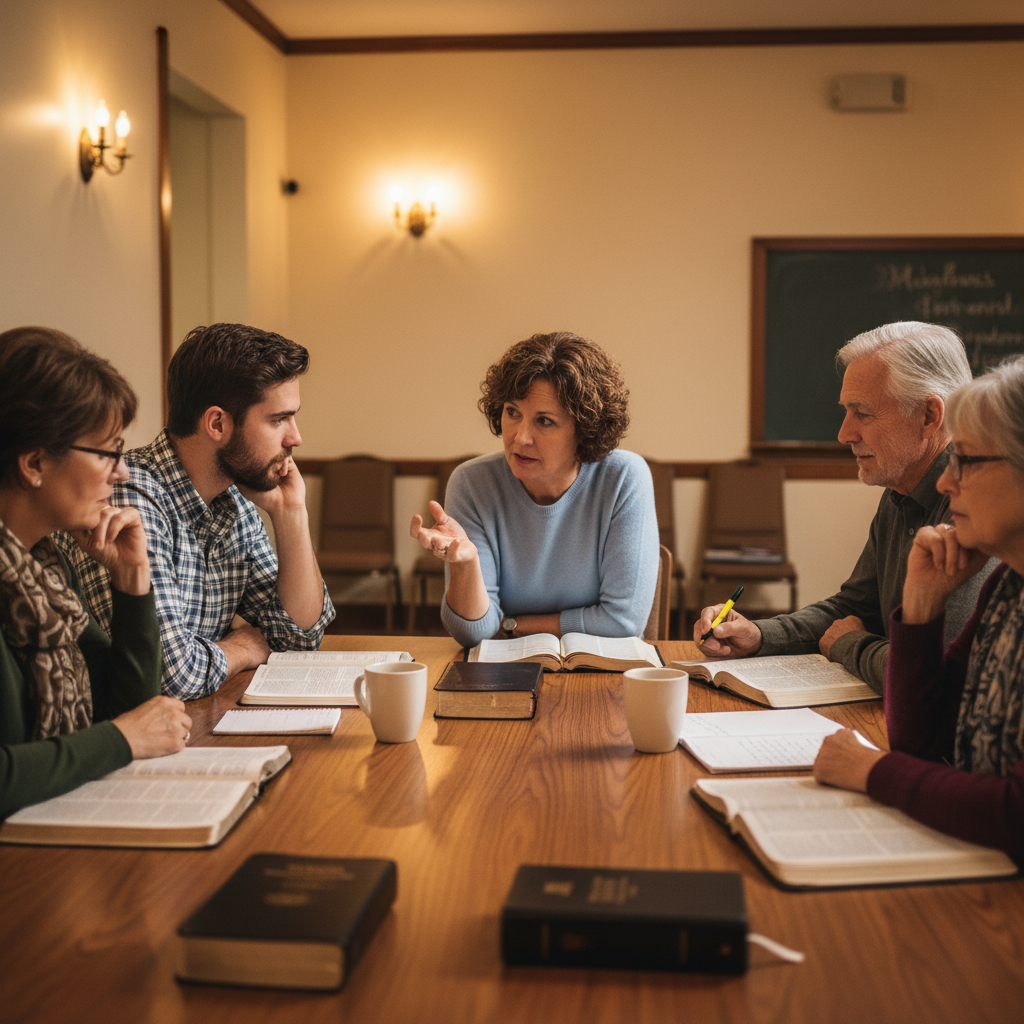 Engaged Bible study group discussion with leader asking questions