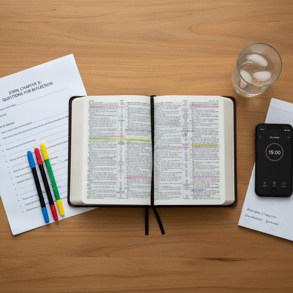 Bible study preparation desk with Bible study materials and handout ready