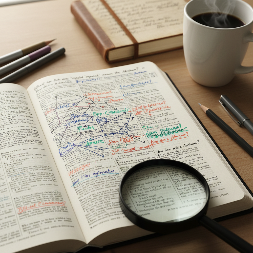 Bible page with detailed observation notes arrows and circled key terms