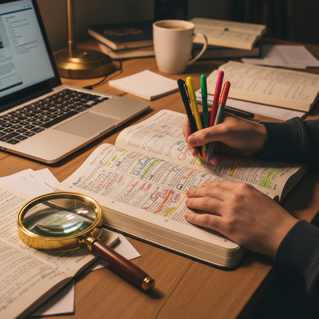 Person using colored pens and highlighters to mark up Bible passage for study