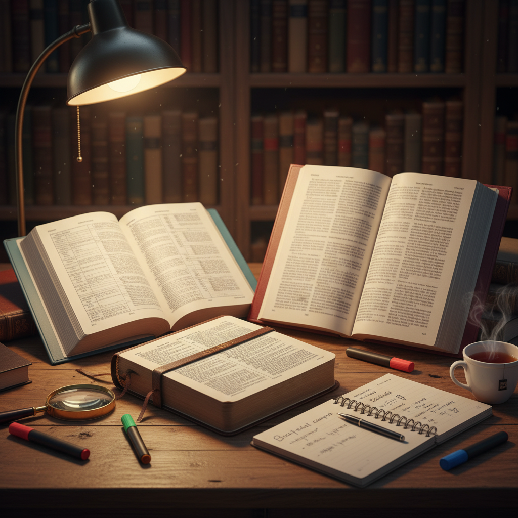 Study desk with Bible concordance commentary and notebook for inductive study