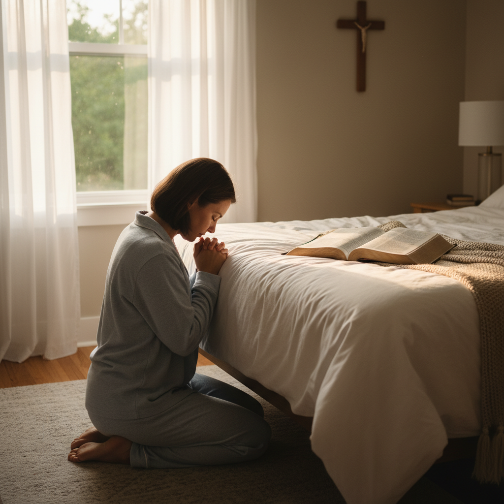 Person kneeling in morning prayer beside bed with Bible open