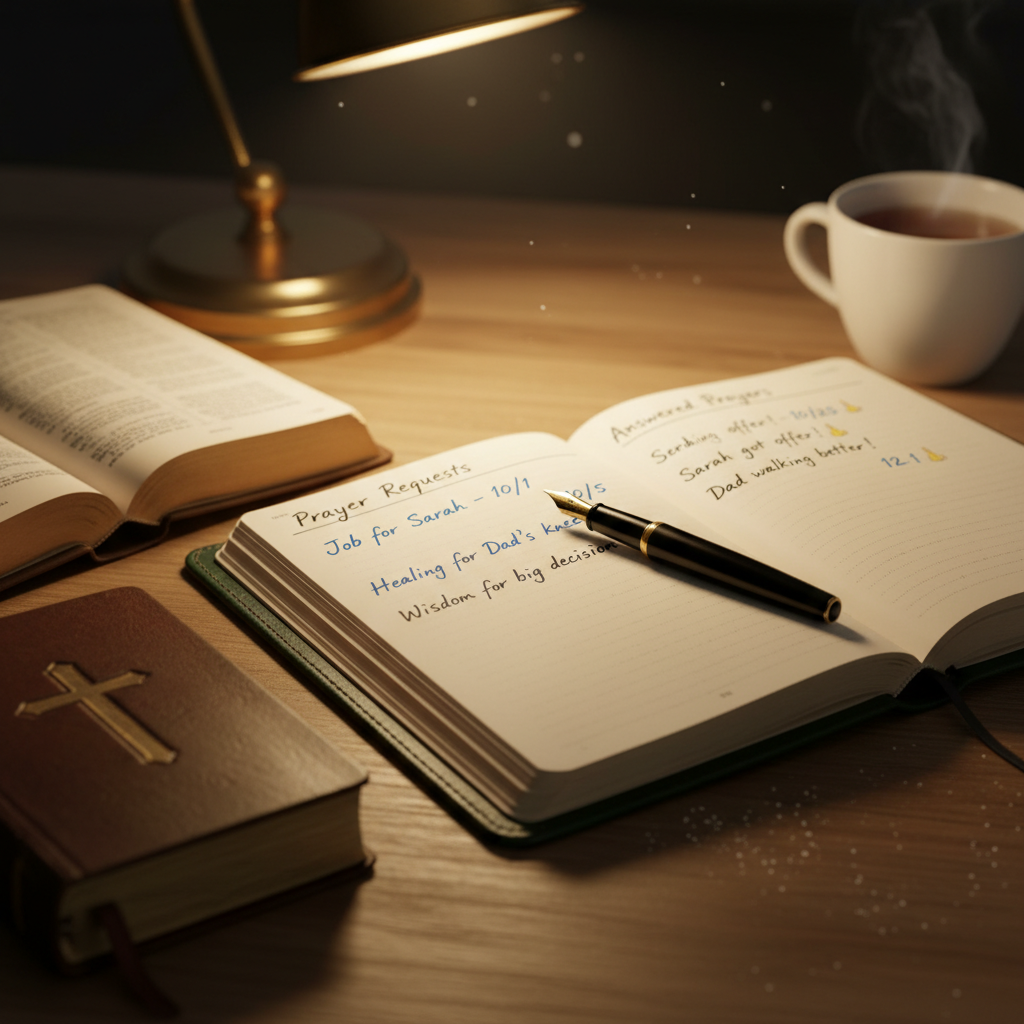 Prayer journal with handwritten requests next to open Bible on warm desk
