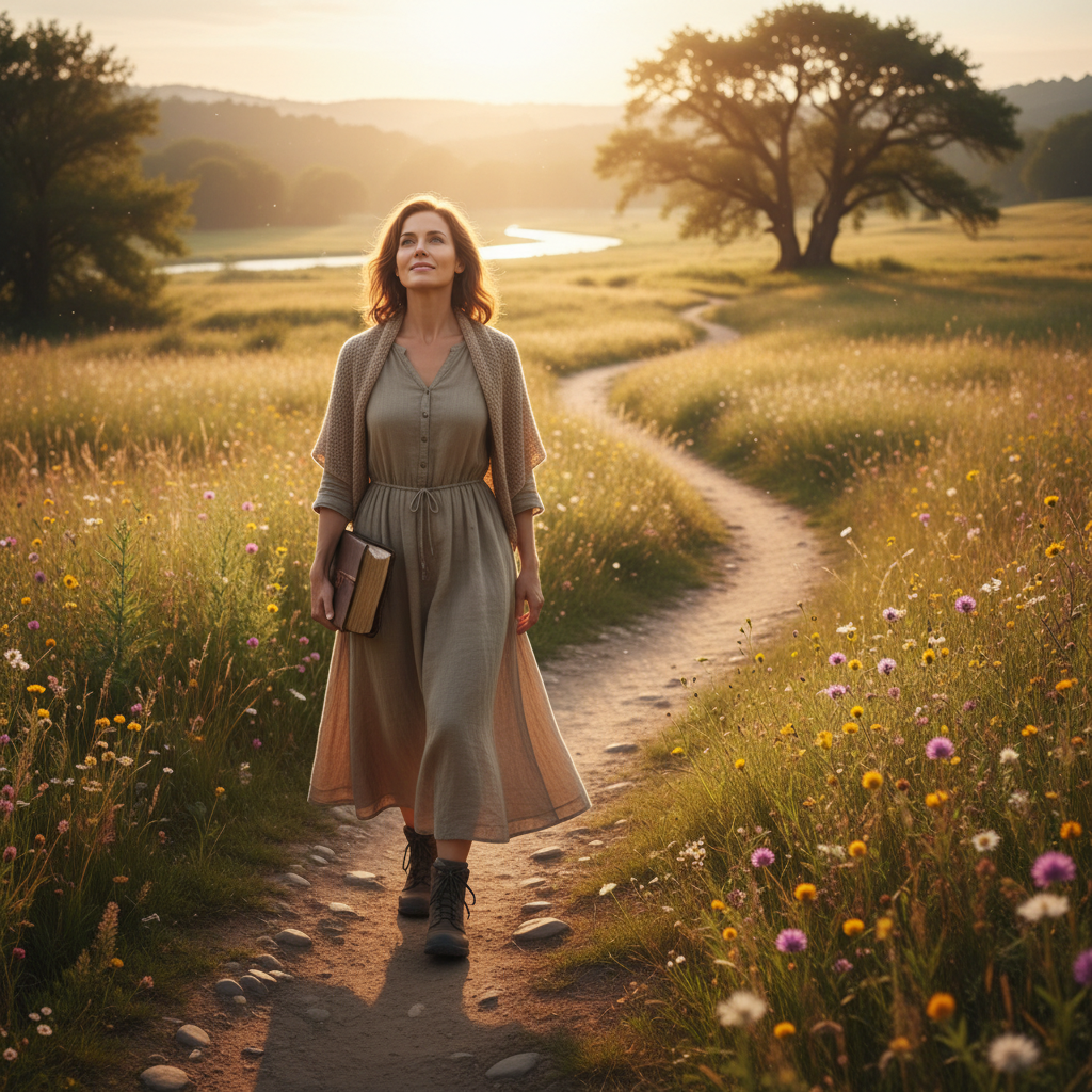 Person walking on a winding path through meadow carrying Bible faith journey