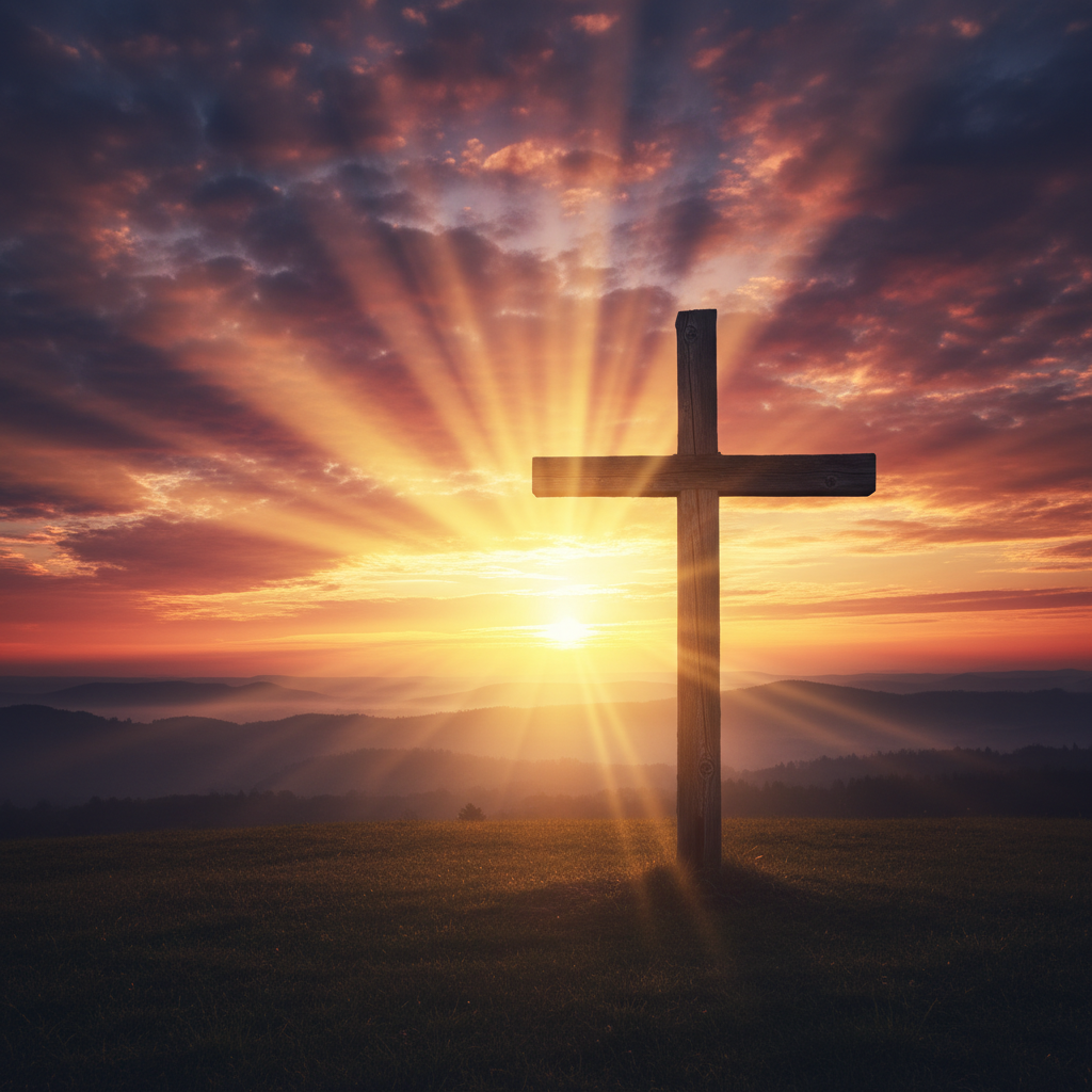 Wooden cross silhouetted against dramatic golden sunrise rays of hope